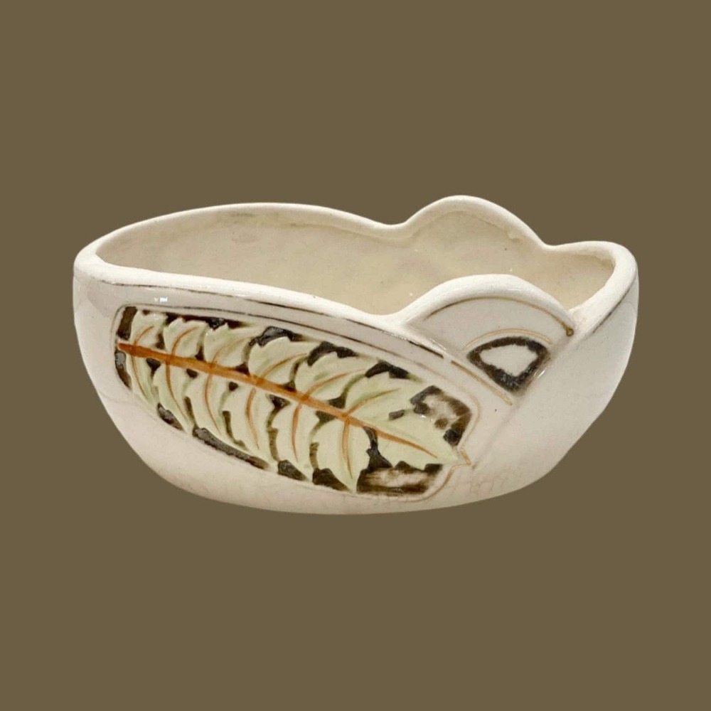 Vintage Art Nouveau Leaf Planter, White and Bronze, Eclectic Decor